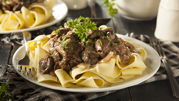 Beef stroganoff with long noodles on a white plate