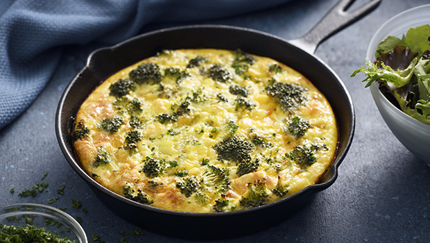 Broccoli omelet with in a cast iron skillet