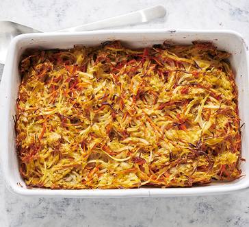 Shredded carrots and potatoes baked with matzo meal and eggs.