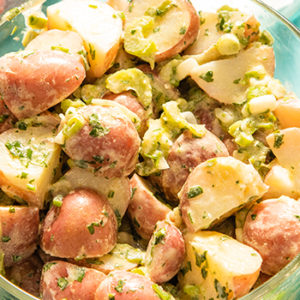 Potato salad in a clear bowl