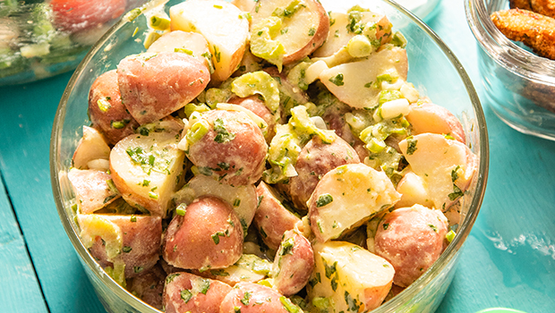 Potato salad in a clear bowl
